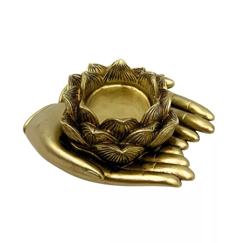 Suport pentru lumânare decorativ Giftdeco 311FJZ, mână, rășină, auriu, 11,5 x 9,4 x 4,8 cm