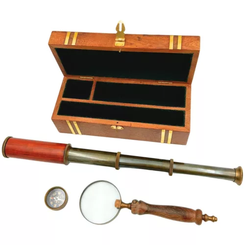 Set cadou retro Giftdeco NC102369, luneta, compas si lupa