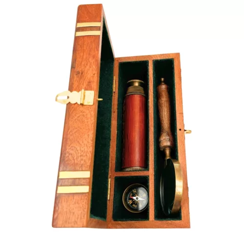 Set cadou retro Giftdeco NC102369, luneta, compas si lupa