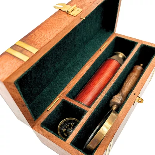 Set cadou retro Giftdeco NC102369, luneta, compas si lupa
