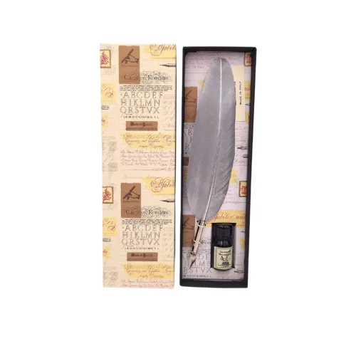 Set caligrafie Giftdeco 7262/A, pana de gasca argintie, cerneala