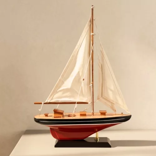 Machetă decorativă Giftdeco F1705-30ABC, iaht velier tip sloop, lemn și pânză, 30 x 5 x 42 cm