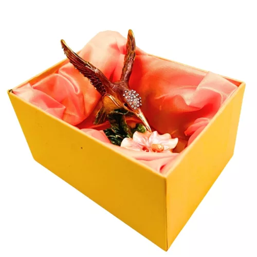 Casetă decorativă Giftdeco HX357 în formă de colibri, metal și cristale, 8 x 5,5 x 7 cm