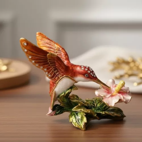 Casetă decorativă Giftdeco HX357 în formă de colibri, metal și cristale, 8 x 5,5 x 7 cm