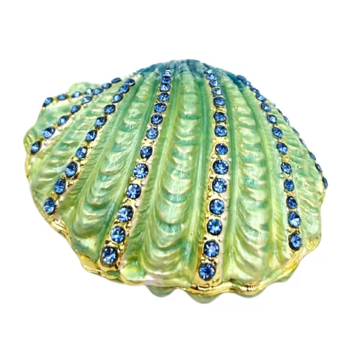 Casetă pentru bijuterii Giftdeco HX068 în formă de scoică, metal și cristale albastre, 6 x 6 x 3 cm