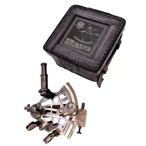 Sextant decorativ Giftdeco ST003 din alamă și piele, 13 x 12 x 6 cm