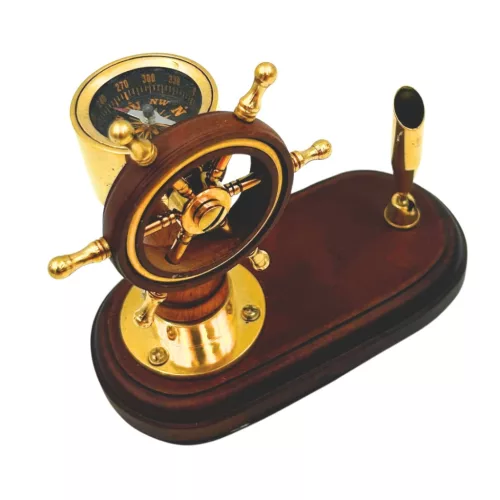Busolă Giftdeco TT017, alamă și lemn, 13,8 x 6,8 x 14,5 cm, stil retro, nautic, clasic
