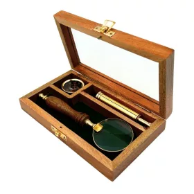   Lupă Giftdeco NC2677AZ, alamă, sticlă și lemn, lungime 17 cm, diametru 4 cm, stil retro, vintage, colonial