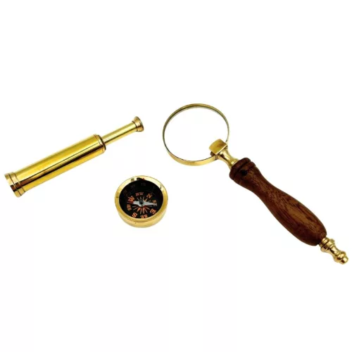 Lupă Giftdeco NC2677AZ, alamă, sticlă și lemn, lungime 17 cm, diametru 4 cm, stil retro, vintage, colonial