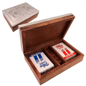   Set de cărți și zaruri Giftdeco DC-004, cutie din lemn cu capac din aluminiu, 19 x 12,5 x 5 cm