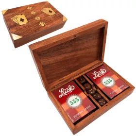   Set de jocuri Giftdeco DNU-008, 2 pachete de cărți și zaruri, cutie din lemn, 18 x 11,5 x 4,5 cm