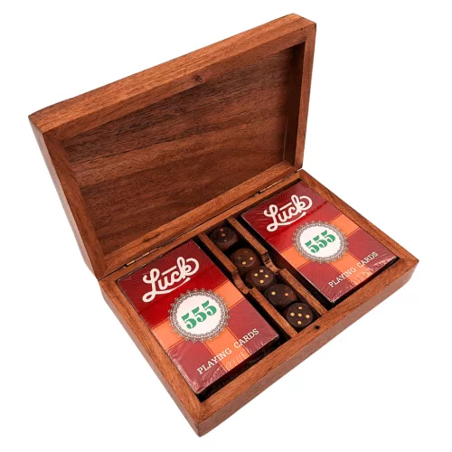 Set de jocuri Giftdeco DNU-008, 2 pachete de cărți și zaruri, cutie din lemn, 18 x 11,5 x 4,5 cm