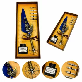  Set caligrafie Giftdeco EE11, pană de gâscă albastră, 6 penițe, cerneală și cutie