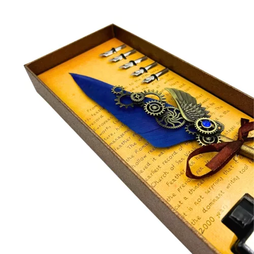 Set caligrafie Giftdeco EE11, pană de gâscă albastră, 6 penițe, cerneală și cutie