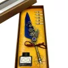 Set caligrafie Giftdeco EE11, pană de gâscă albastră, 6 penițe, cerneală și cutie