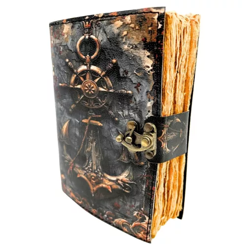 Jurnal Giftdeco H110, piele de capra, alamă și metal, 18 x 13 cm, stil retro, vintage, nautic