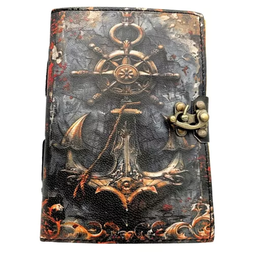 Jurnal Giftdeco H110, piele de capra, alamă și metal, 18 x 13 cm, stil retro, vintage, nautic