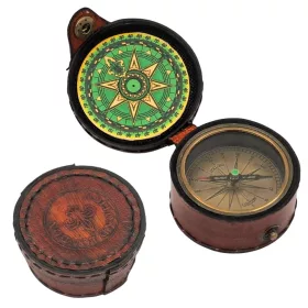   Busolă Giftdeco CPL357/2, alamă, sticlă, piele și metal, diametru 7 cm, stil retro, nautic, clasic