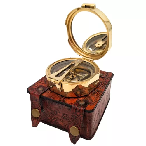 Busolă Giftdeco CB5L, alamă și piele, 7,5 x 7 x 3,4 cm, stil retro