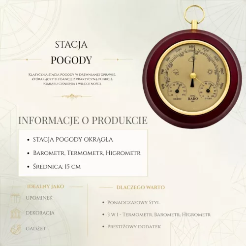 Stație meteo Giftdeco YG386, barometru, termometru și higrometru, MDF și alamă, diametru 15 cm