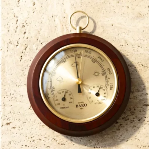 Stație meteo Giftdeco YG386, barometru, termometru și higrometru, MDF și alamă, diametru 15 cm
