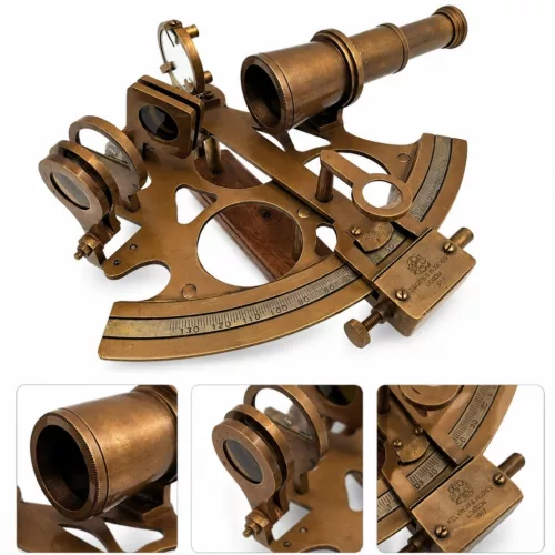 Sextant decorativ Giftdeco, alamă și lemn, 21 x 16 x 8 cm, stil retro, vintage, clasic