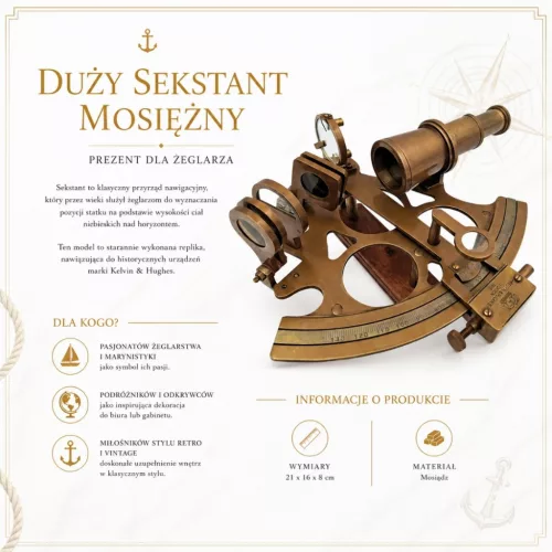 Sextant decorativ Giftdeco, alamă și lemn, 21 x 16 x 8 cm, stil retro, vintage, clasic