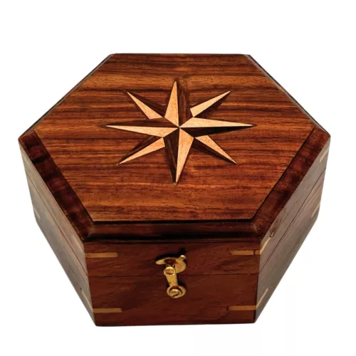 Busolă Giftdeco NC126, alamă, metal și lemn, 14,5 x 12 x 6,3 cm, stil retro, vintage, nautic