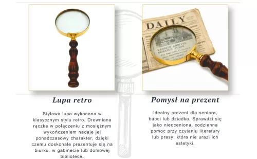 Lupă Giftdeco MG511, alamă, lemn și sticlă, 18 x 7,8 cm, stil retro