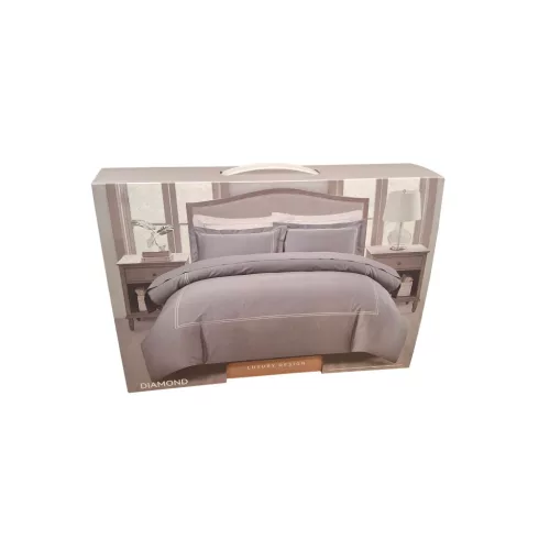 Lenjerie de pat Atria Diamond, 4 piese, 100% bumbac satinat TC300, cearceaf 220x240 cm, husa pilota 180x200 cm, 2 fete perna 50x70+5 cm, broderie gri/alb