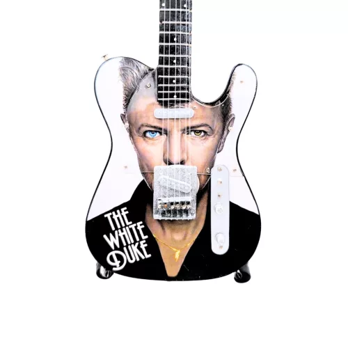 Miniatură chitara Indomini MGT-8976, Inspired by David Bowie, lemn de mahon, plastic și metal, înălțime 27,5 cm, lățime 9 cm, stil clasic